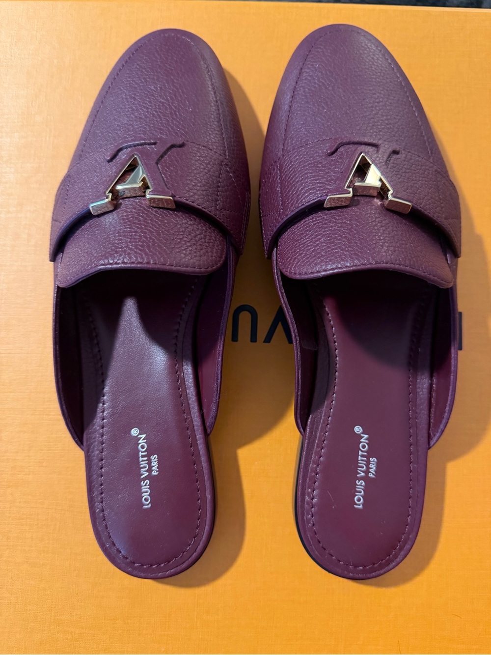 Louis Vuitton Plum Leather Backless Mules with Gold Hardware
